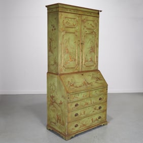 George II style green japanned secretary cabinet