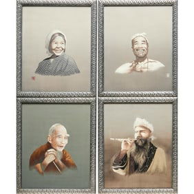 (4) Japanese silk embroidery portraits
