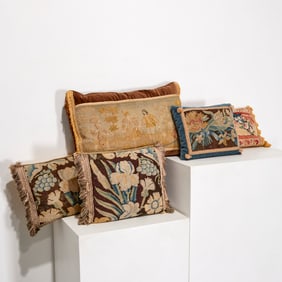(5) Antique Continental tapestry fragment pillows