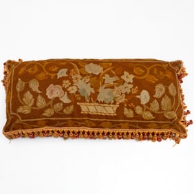 Large antique needlework and velvet pillow