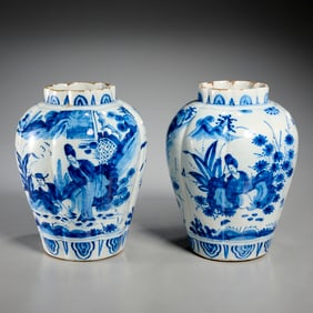 Pair Delft blue and white pottery vases, ex musuem