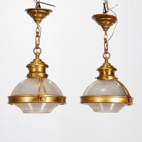 Pair French Industrial style Holophane pendants