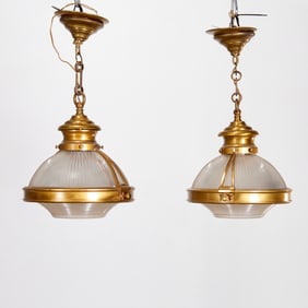 Pair French Industrial style Holophane pendants