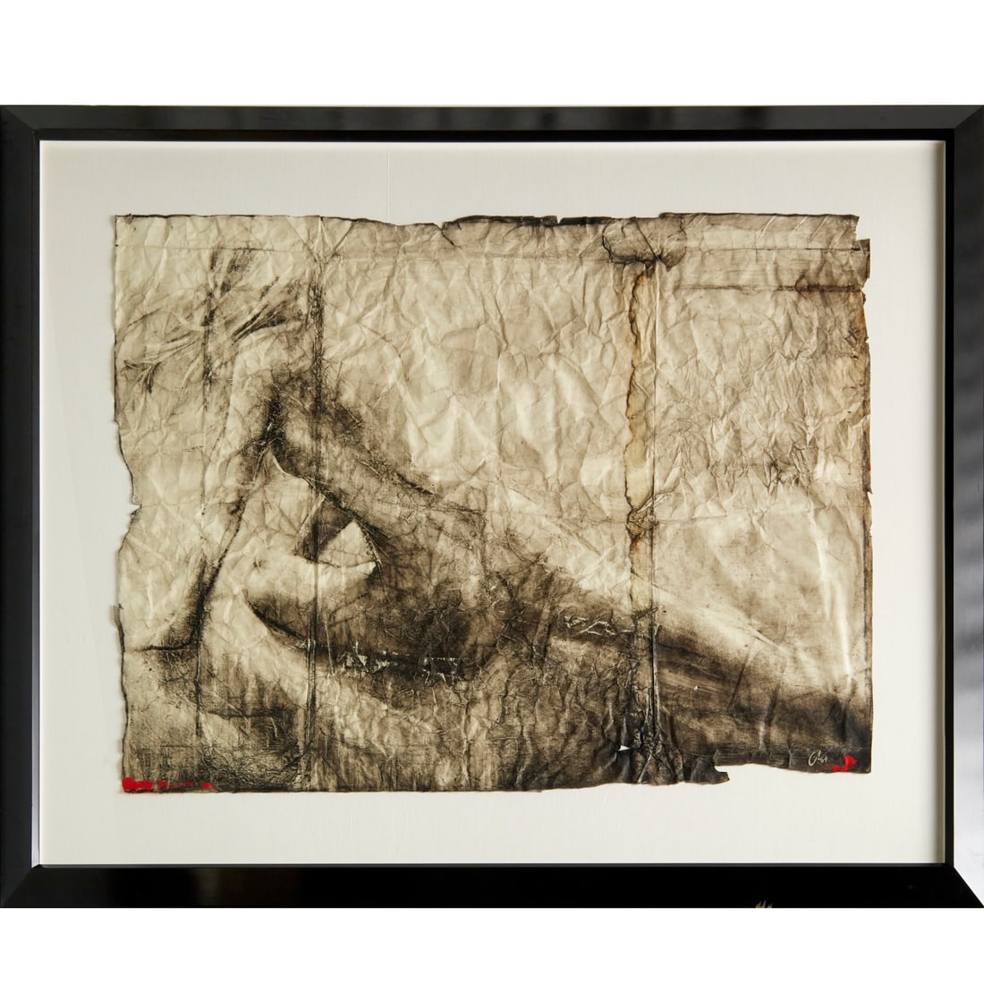 Greg Lauren, oversize mixed media on paper, 2004: Greg Lauren, oversize mixed media on paper, 2004, Greg Lauren (American, b. 1970), Female nude, mixed media on intentionally crumpled and aged paper, initialed "G.L." and dated at lower right, framed 