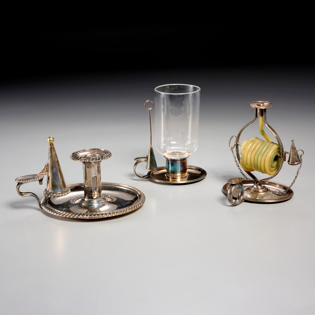 (3) Silver plate chamber candlesticks & snuffers (1 of 9)