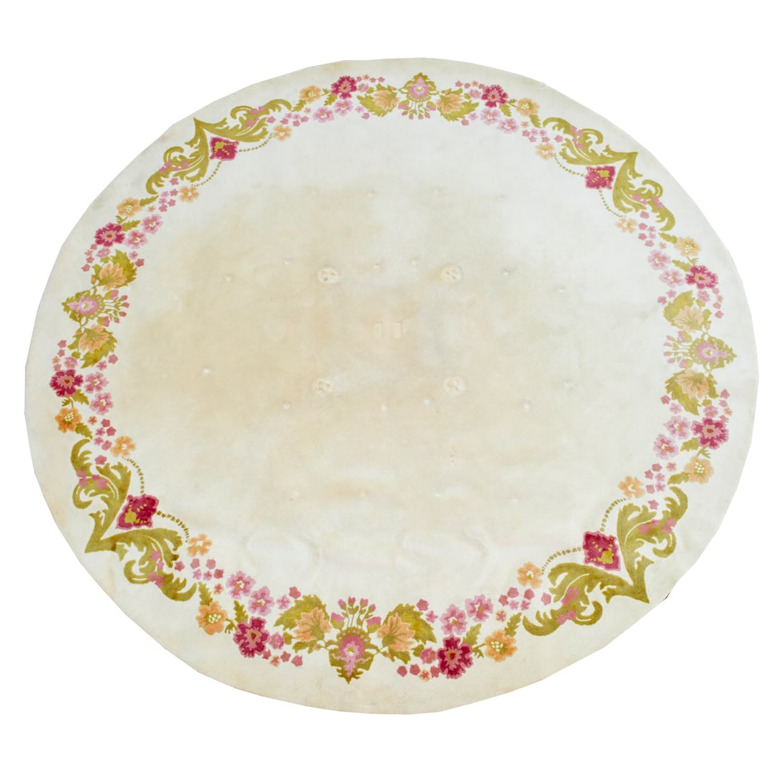 *ABC Round Edward Fields carpet: Round Edward Fields carpet, c. 1960s, USA, high pile wood, cream with floral ring border in greens and reds, 142"dia