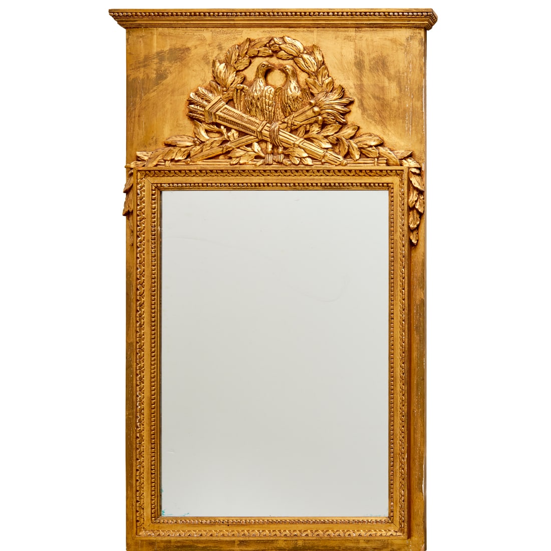 Louis XVI style giltwood pier mirror: Louis XVI style giltwood pier mirror, 20th c., decorated with relief carved birds under laurel wreath, with torch and quiver, 48.5"h x 29"w