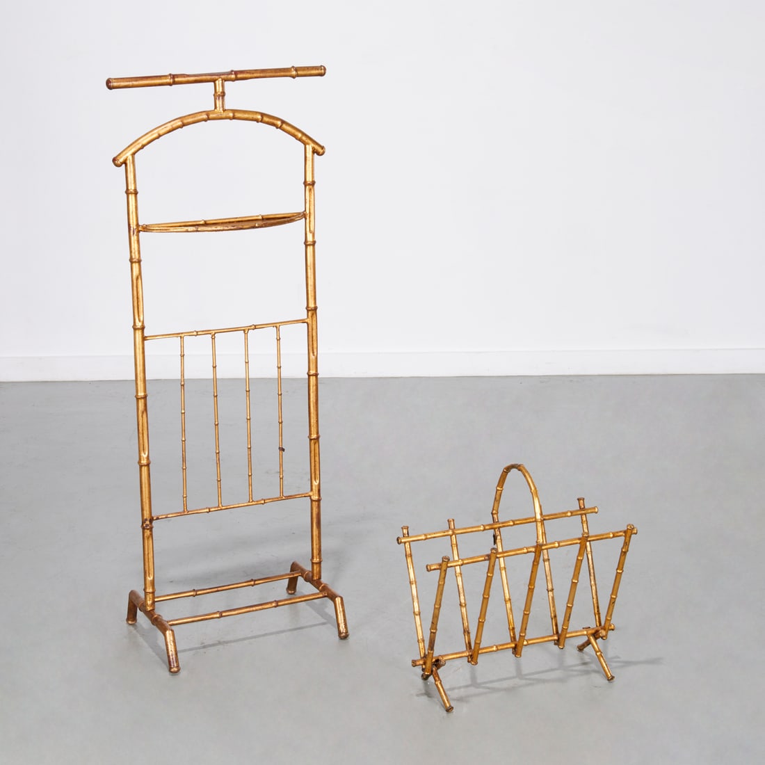 Italian faux bamboo valet and magazine rack: Italian faux bamboo valet and magazine rack, 20th c., gilt metal, complimenting designs, unmarked, 48"h x 19"w x 12.5"w (valet), 18.5"h x 18"w x 8"d