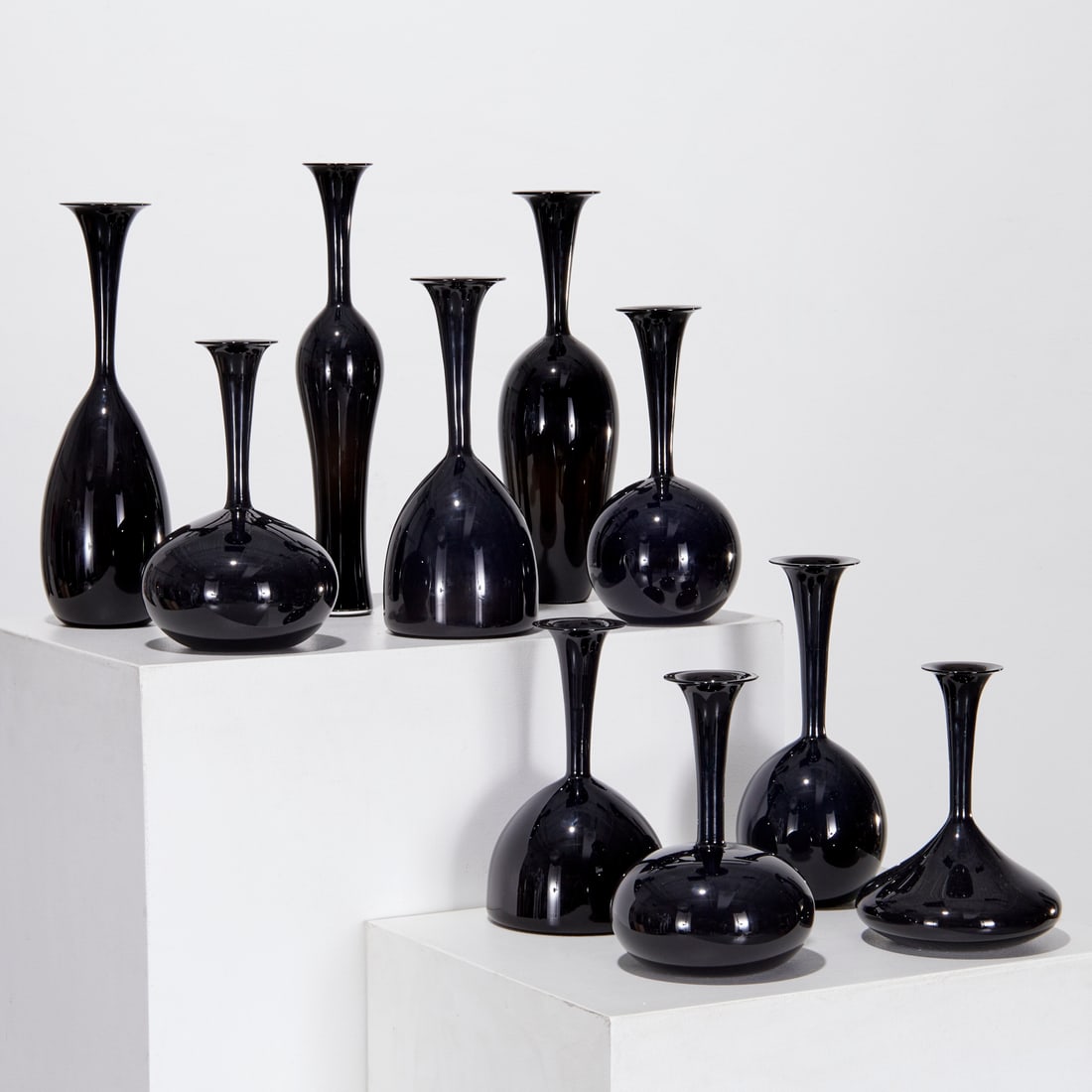 Set (10) Designer sculptural black glass vases (1 of 9)