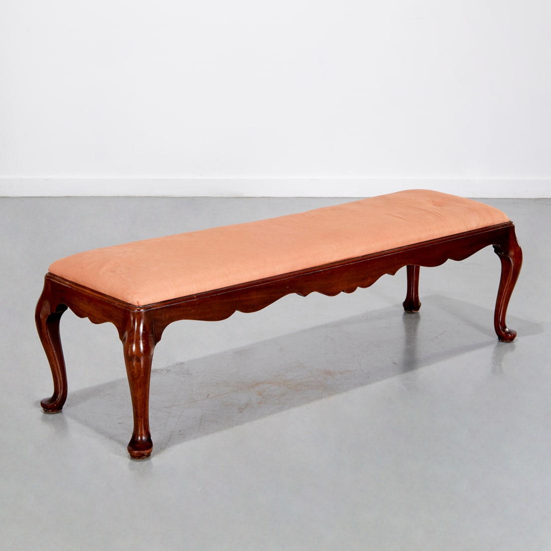 Queen Anne style mahogany bench: Queen Anne style mahogany bench, 20th c., upholstered drop-in seat, 18"h x 61w"l x 20"d