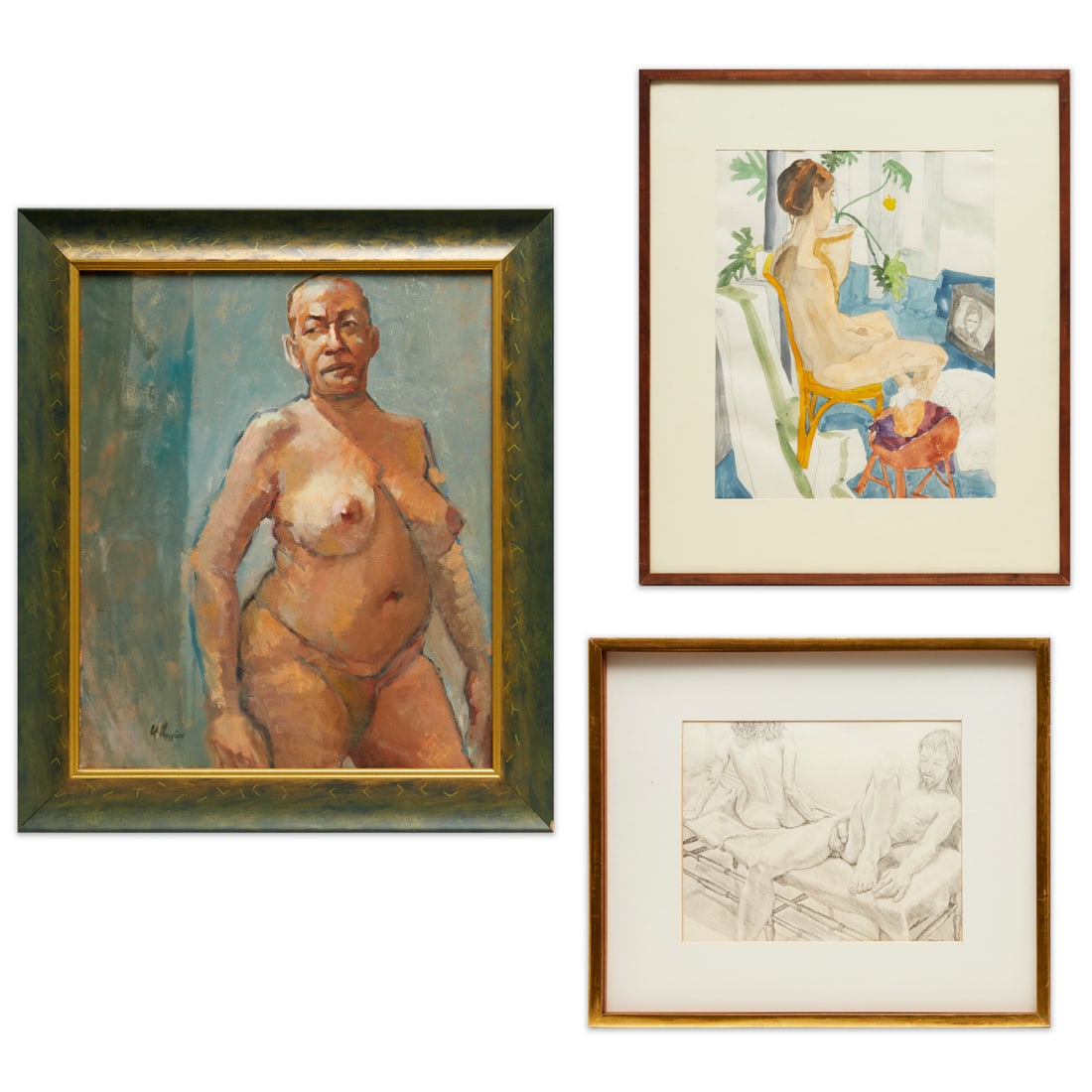 Philip Pearlstein (circle), (3) nude artworks: Philip Pearlstein (circle), (3) nude artworks, Circle of Philip Pearlstein (American, 1924-2022), incl. a graphite drawing of a couple, set in Philip Pearlstein's studio, signed "R.F. Shoup" at lower