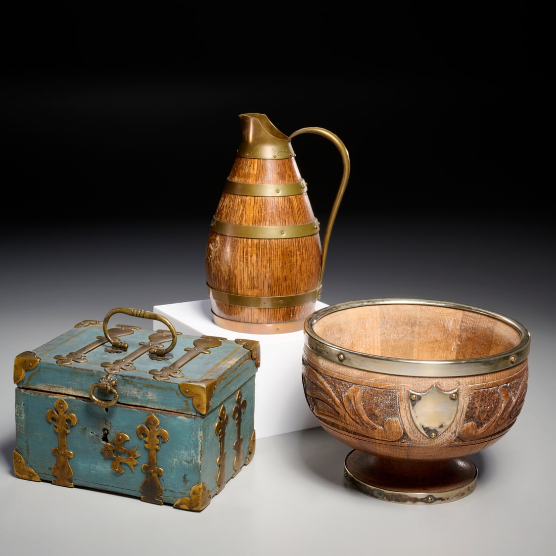 (3) Continental brass banded wood table items (1 of 9)