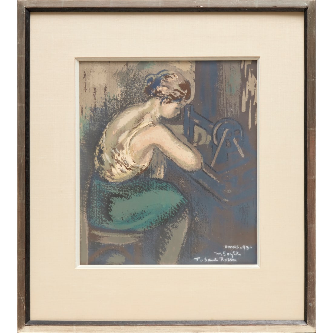 Moses Soyer, signed screenprint, c. 1940: Moses Soyer, signed screenprint, c. 1940, Moses Soyer (Russian-American, 1899-1974), "Seamstress", serigraph on paper, inscribed and signed "M Soyer" lower right, matted and framed under glass, 13.25"