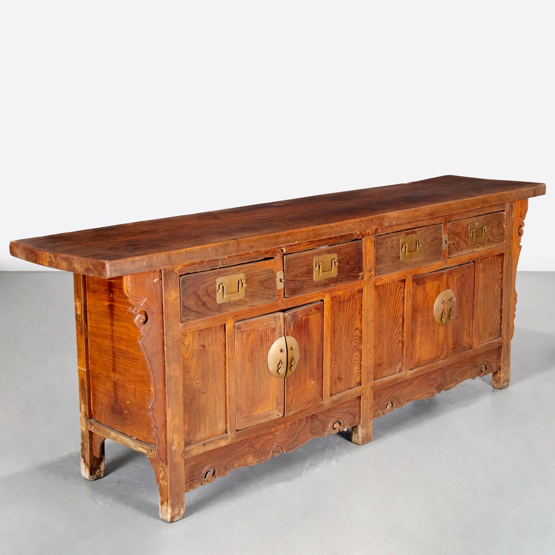 Chinese carved elmwood long cabinet (1 of 8)