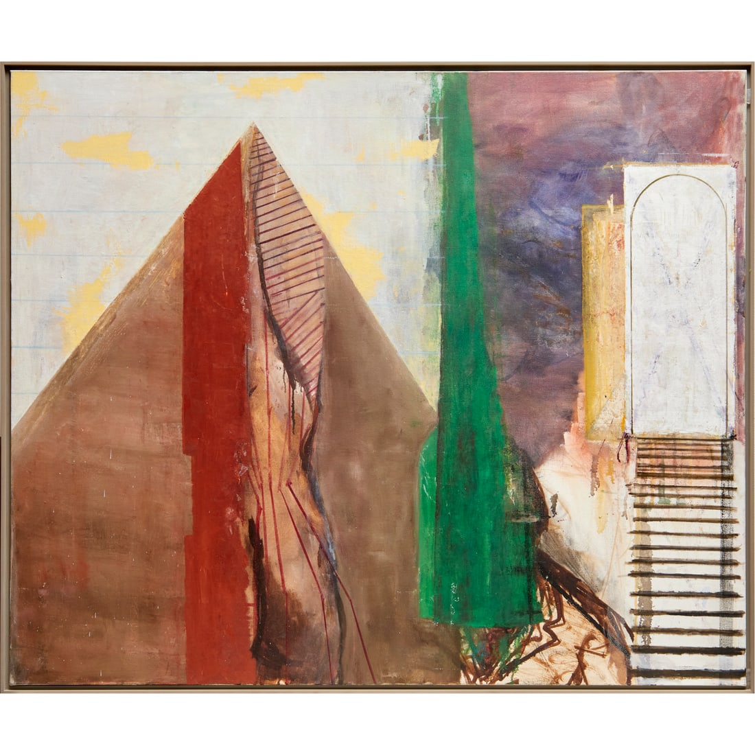 Eugene Neumann, large oil on canvas, 1988: Eugene Neumann, large oil on canvas, 1988, Eugene Neumann (American, b. 1936), "Pyramid, Obelisk, Arch", signed, dated and titled verso canvas, gallery label verso, 40"h x 48"w (stretchers), 41"h x 49