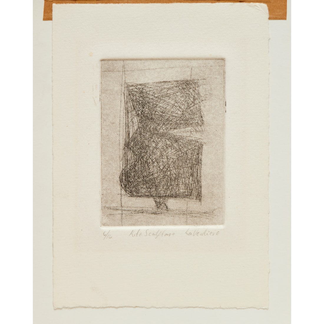 Bruno LaVerdiere, signed etching: Bruno LaVerdiere, signed etching, Bruno LaVerdiere (American, 1837-2022), "Kite Sculpture", etching on paper, signed, titled and numbered "6/16" lower margin, hinged into mat, unframed, 7"h x 5"w (she