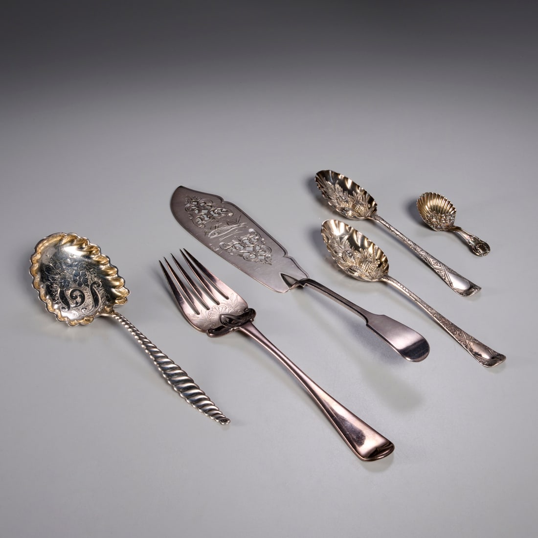 (6) Silver & silverplate serving pieces, ex museum (1 of 9)