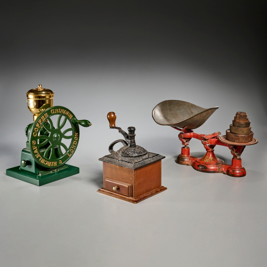 Antique cast iron coffee grinders and scale (1 of 7)