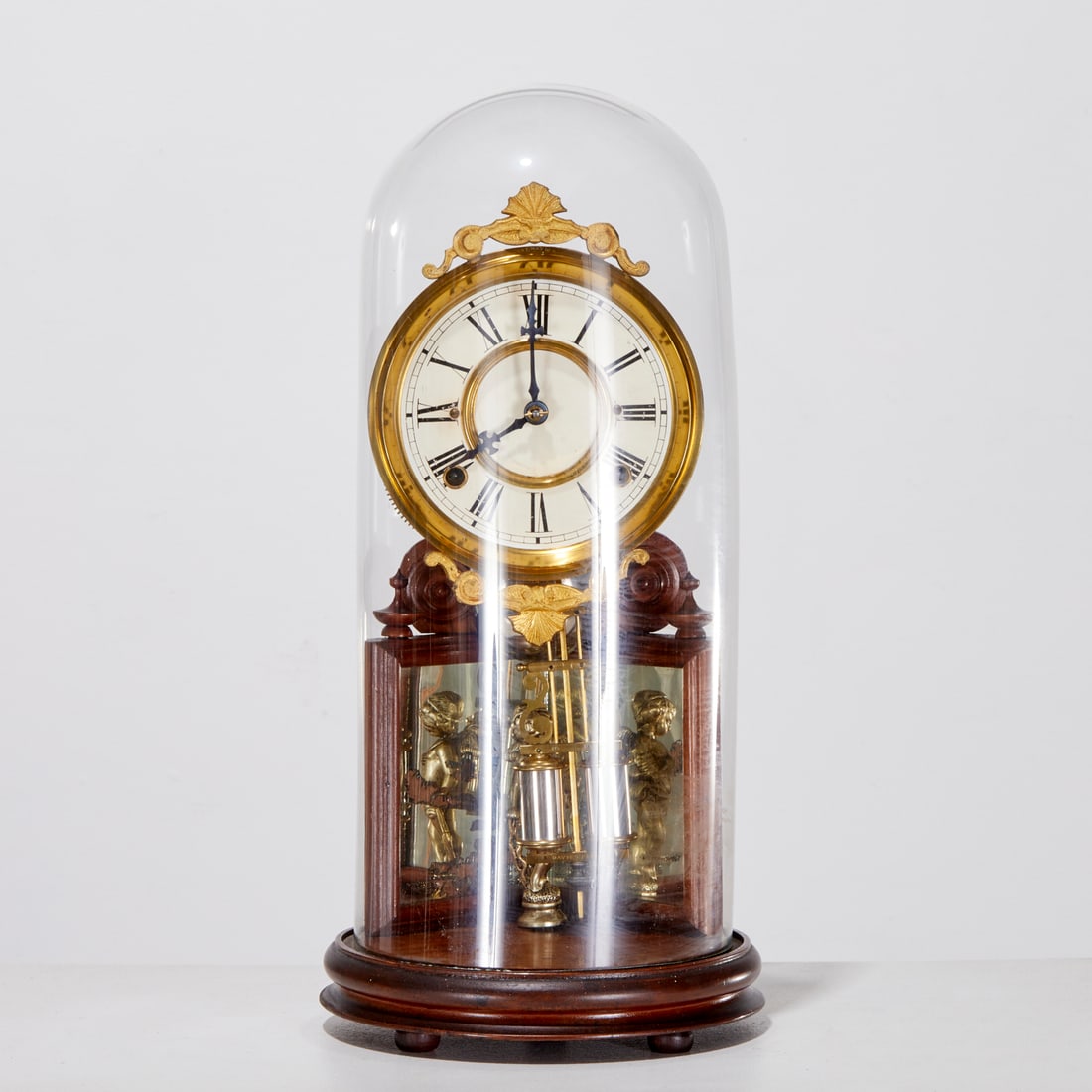 Davies "Crystal Palace" mantel clock: Davies "Crystal Palace" mantel clock, Late 19th/20th c., stamped "Davies Pat." on pendulum and on wooden stand, 18.5"h x 8"w (total)