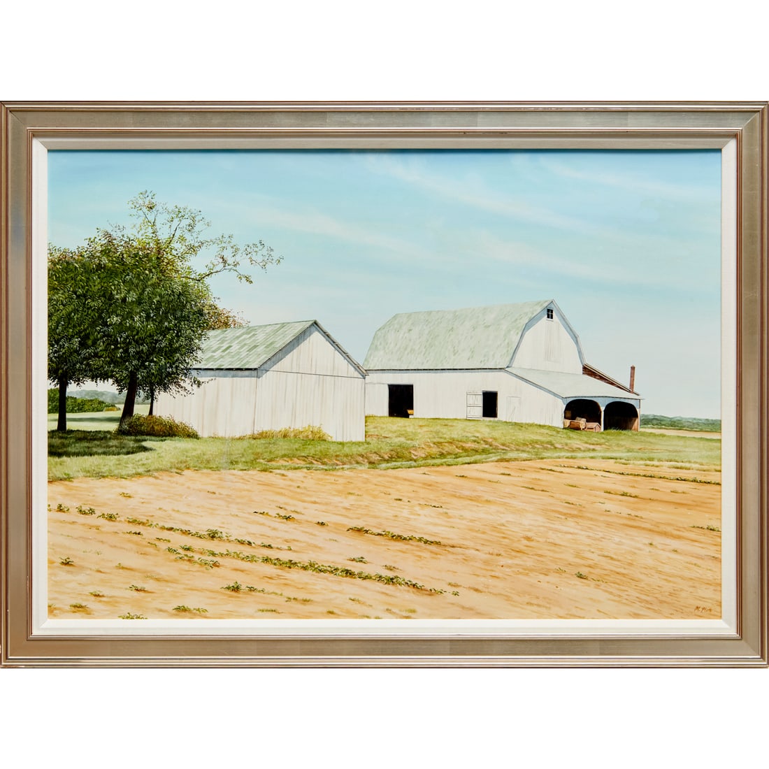 M. Mott, large oil on board: M. Mott, large oil on board, M. Mott (American, 20th c.), White Barn, signed lower right, gallery label verso, 27.5"h x 39.5"w (sight), 33"h x 45"w (frame) Provenance: Chrysalis Gallery, Southampton, 