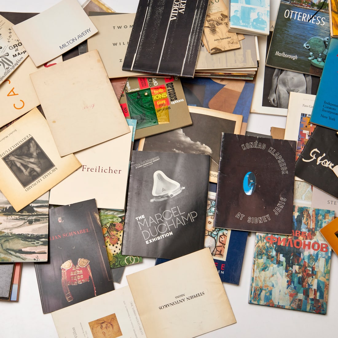 Large group artist exhibition catalogues: Large group artist exhibition catalogues, Over (100) pieces, artists include Twombly, Calder, Klee, Fischl, Giamcometti, Schnabel, Otterness, Baselitz, Bellows, Antonakos, Nevelson, etc., 15"h x 10"w