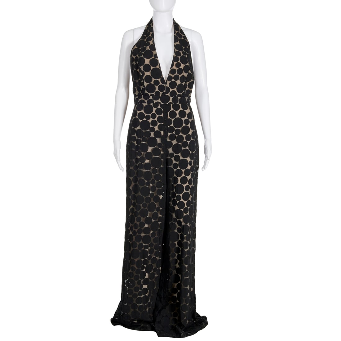 Cushnie et Ochs wide leg halter jumpsuit: Cushnie et Ochs wide leg halter jumpsuit, c. 2016, black stretch polka dot, fully lined in ivory silk, plunging neckline, v back, size 8, 29"w, 33" inseam Provenance: From an Upper East Side Fashion c