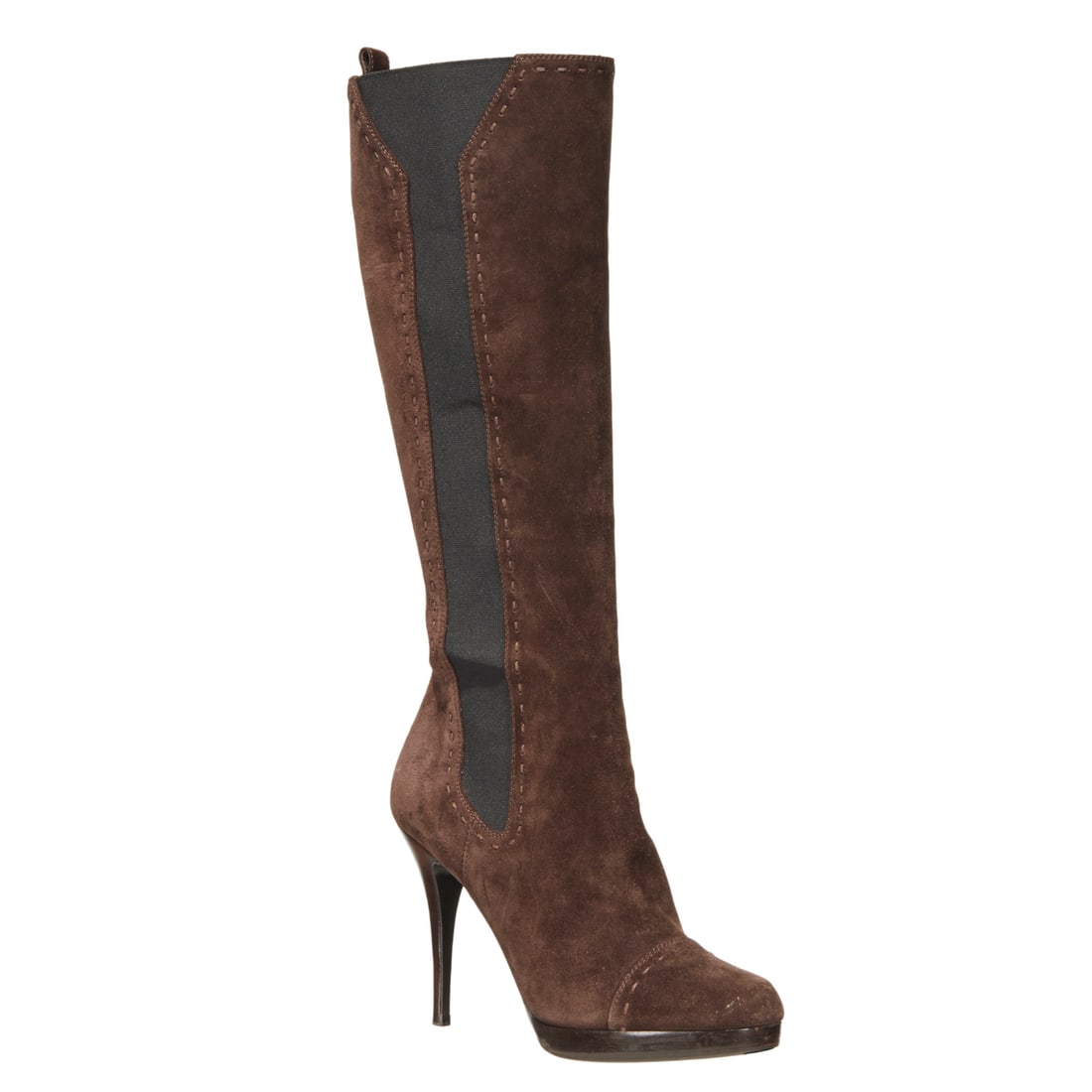 YSL Knee high stretchy suede boots: YSL Knee high stretchy suede boots, 21st c., brown suede with stretchy side panels, top sticking detail, pull on style, 4.25" heel, size 39.5 (US 9) Provenance: From an Upper East Side Fashion collect