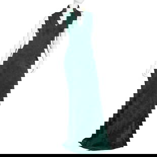 Azzedine Alaia Paris emerald green evening gown: Azzedine Alaia Paris emerald green evening gown, 21st c., Made in France, heavy wool blend stretch fabric, sleeveless style with deep v neckline, removable jewel trim, size 40, approx. 35"b, 65"l Prov