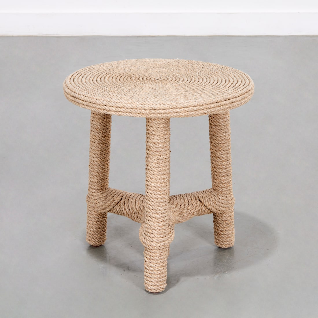 Christian Astuguevieille/Holly Hunt, Afrido stool: Christian Astuguevieille/Holly Hunt, Afrido stool, Designed late 20th c., four leg hemp rope wrapped stool, unmarked, 16"h x 15.75"dia Provenance: A Carol Egan Interior Design Commission, Greenwich, C