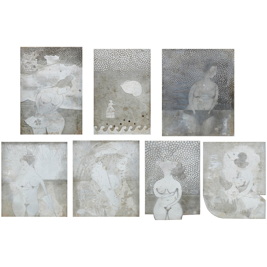 Mayumi Oda, set (7) printing plates: Mayumi Oda, set (7) printing plates, Mayumi Oda (Japanese, b. 1941), zinc printing plates from an unknown publication, misspelled name "Ota" on versos, 18"h x 15"w (largest), 16"h x 11"w (smallest)
