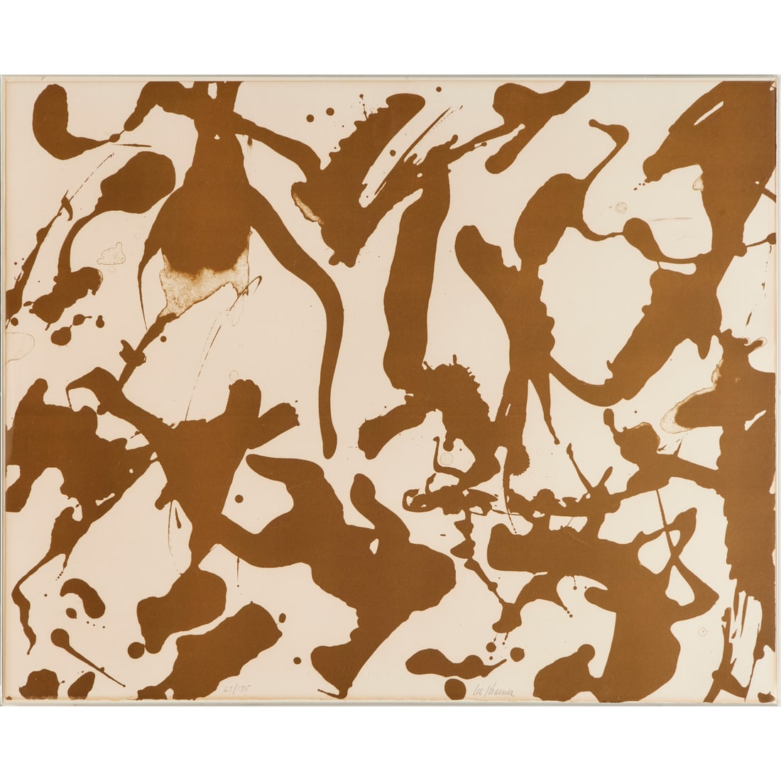 Lee Krasner, monochrome lithograph, 1970: Lee Krasner, monochrome lithograph, 1970, Lee Krasner (American, 1908-1984) Untitled (from Peace Portfolio I), lithograph in brown on Arches paper, signed and numbered 67/175 along lower edge, publish