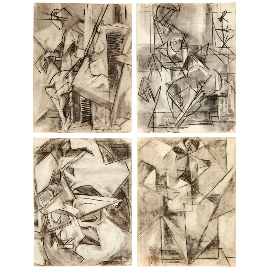School of Hans Hofmann, (4) charcoal drawings: School of Hans Hofmann, (4) charcoal drawings, Margaret Trumbull Jennings (American, 1896-1983), untitled cubist drawings with corrections by Hans Hofmann (by repute), loose and unframed, 25"h x 19"w