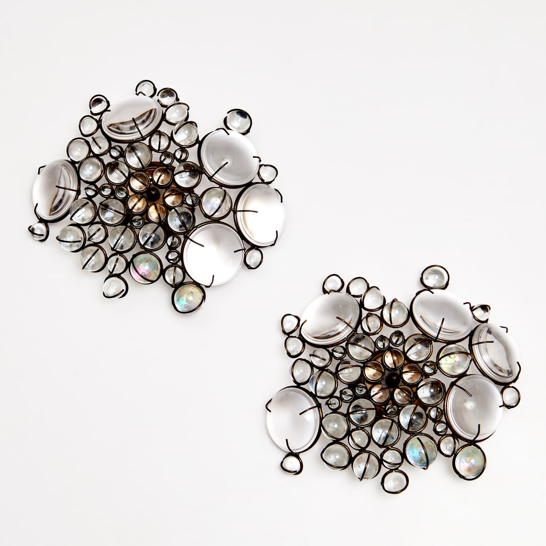 Mark Brazier-Jones, pair "Floret" wall lights: Mark Brazier-Jones, pair "Floret" wall lights, c. 2009, England, glass lenses and balls, brass wire, wired for three candelabra sockets, by Mark Brazier-Jones edition, approx. 14"dia Provenance: A Pri