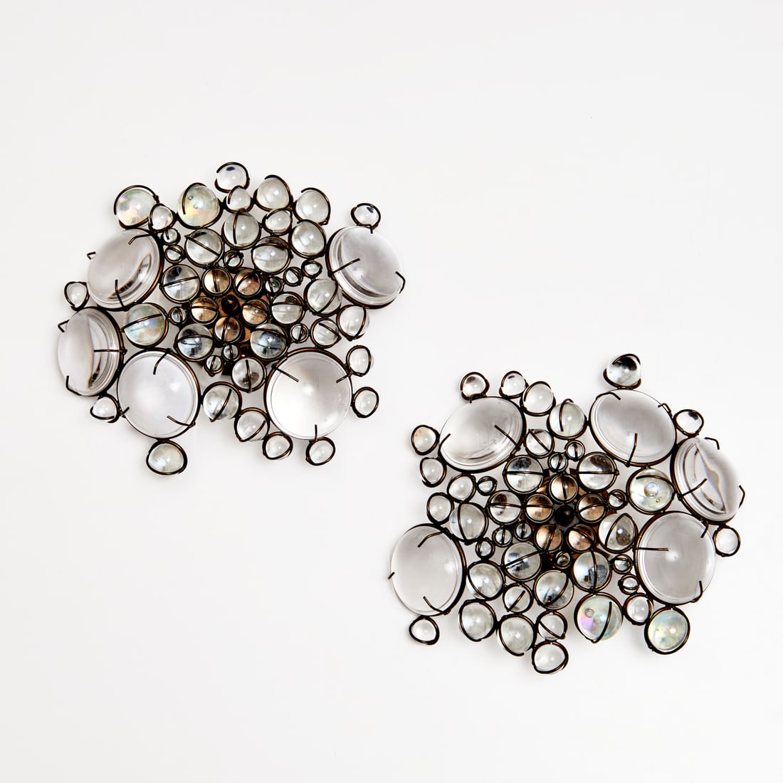 Mark Brazier-Jones, pair "Floret" wall lights: Mark Brazier-Jones, pair "Floret" wall lights, c. 2009, England, glass lenses and balls, brass wire, wired for three candelabra sockets, by Mark Brazier-Jones edition, approx. 14"dia Provenance: A Pri