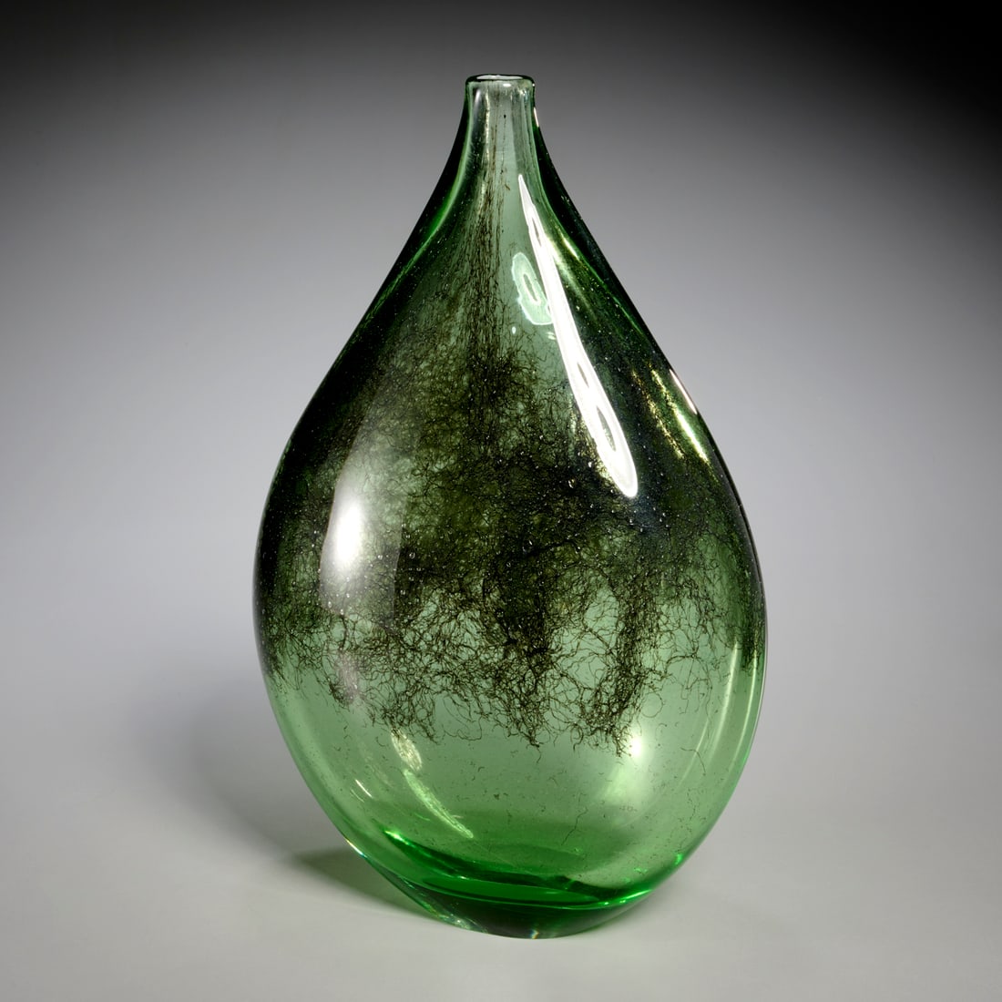 Alberto Dona, "Tris Fucus" vase: Alberto Dona, "Tris Fucus" vase, 21st c., Italy, green clear blown glass with brass strand inclusions, diamond etched signature to underside, 16"h x 10"w x 4"d Provenance: A Private Collection: Tenafl