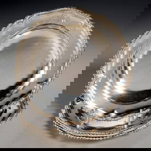 (4) George III silver soup plates, ex museum: (4) George III silver soup plates, ex museum, London, letter dated 1767, maker's marks for William Grundy, sterling silver, (4) soup plates, the scallop rim engraved with two lions flanking a crest in