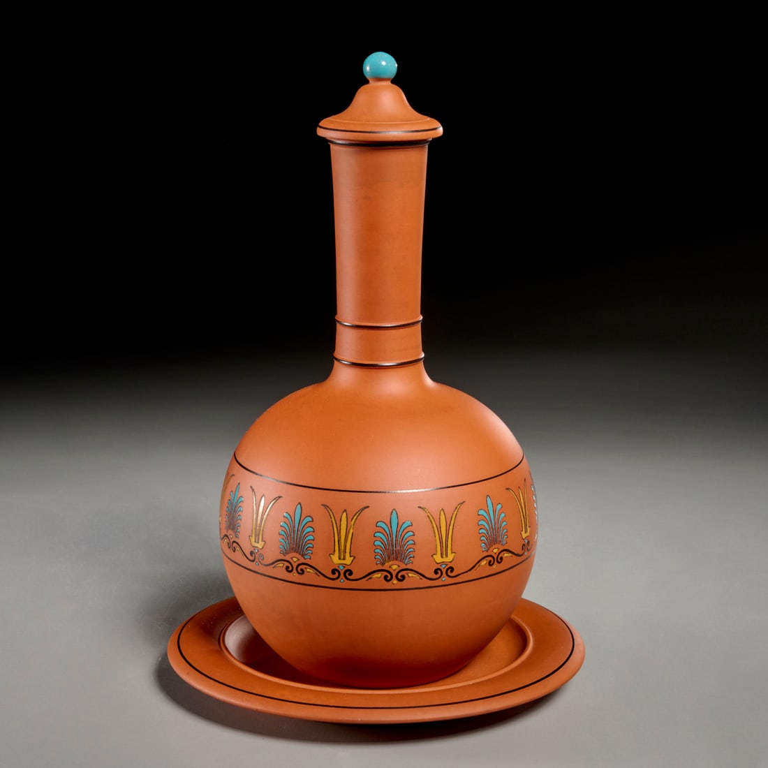 Christopher Dresser, Aesthetic decanter, ex museum: Christopher Dresser, Aesthetic decanter, ex museum, c. 1872, England, turquoise, black and yellow enamels on terracotta, the round body decorated with Arabesque bands, with cover and underplate, faint