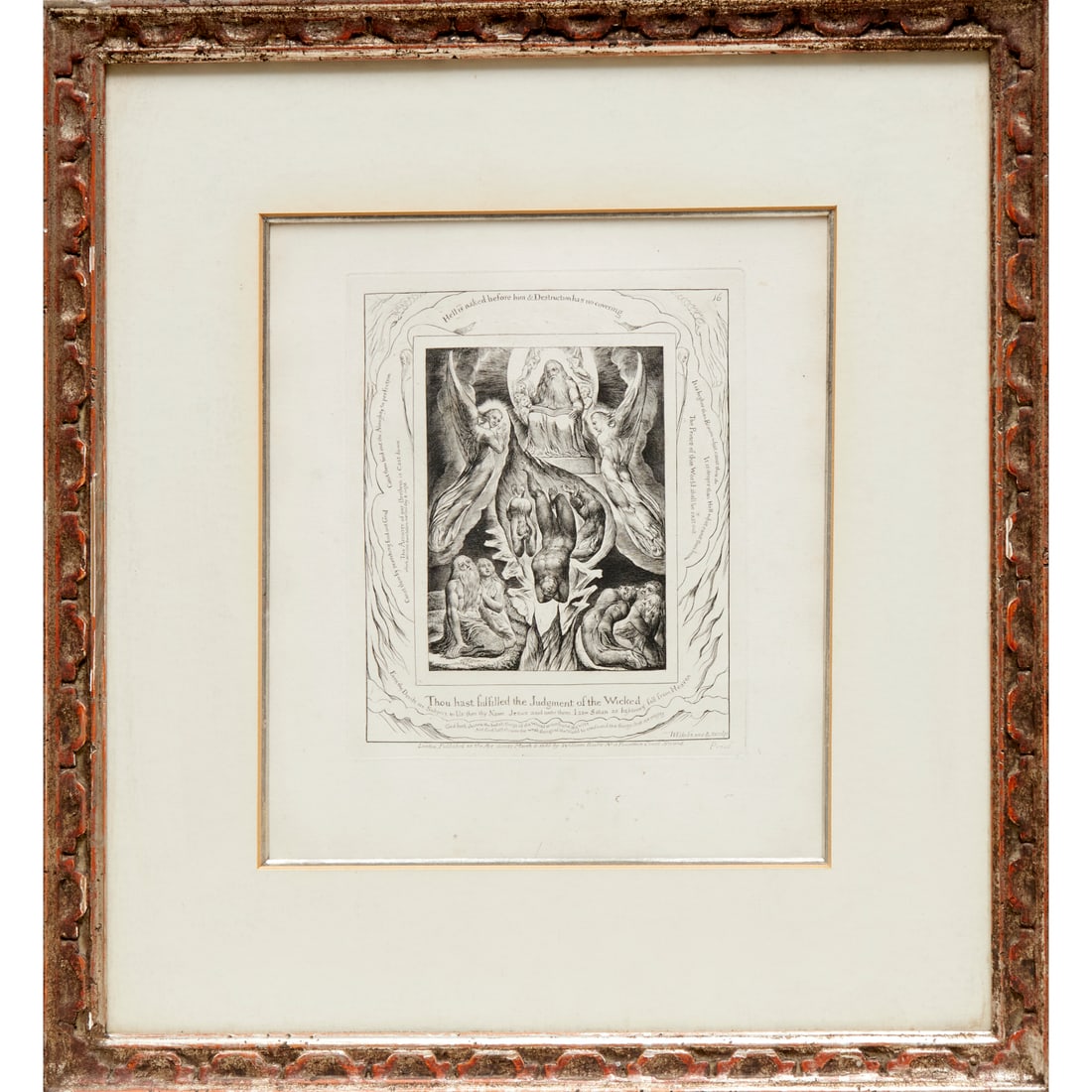 William Blake, engraving proof, 1825: William Blake, engraving proof, 1825, William Blake (English, 1757-1827), "Thou Hast Fulfilled the Judgment of the Wicked", marked "Proof" lower right, matted and framed under glass, 17.5"h x 16.25"w