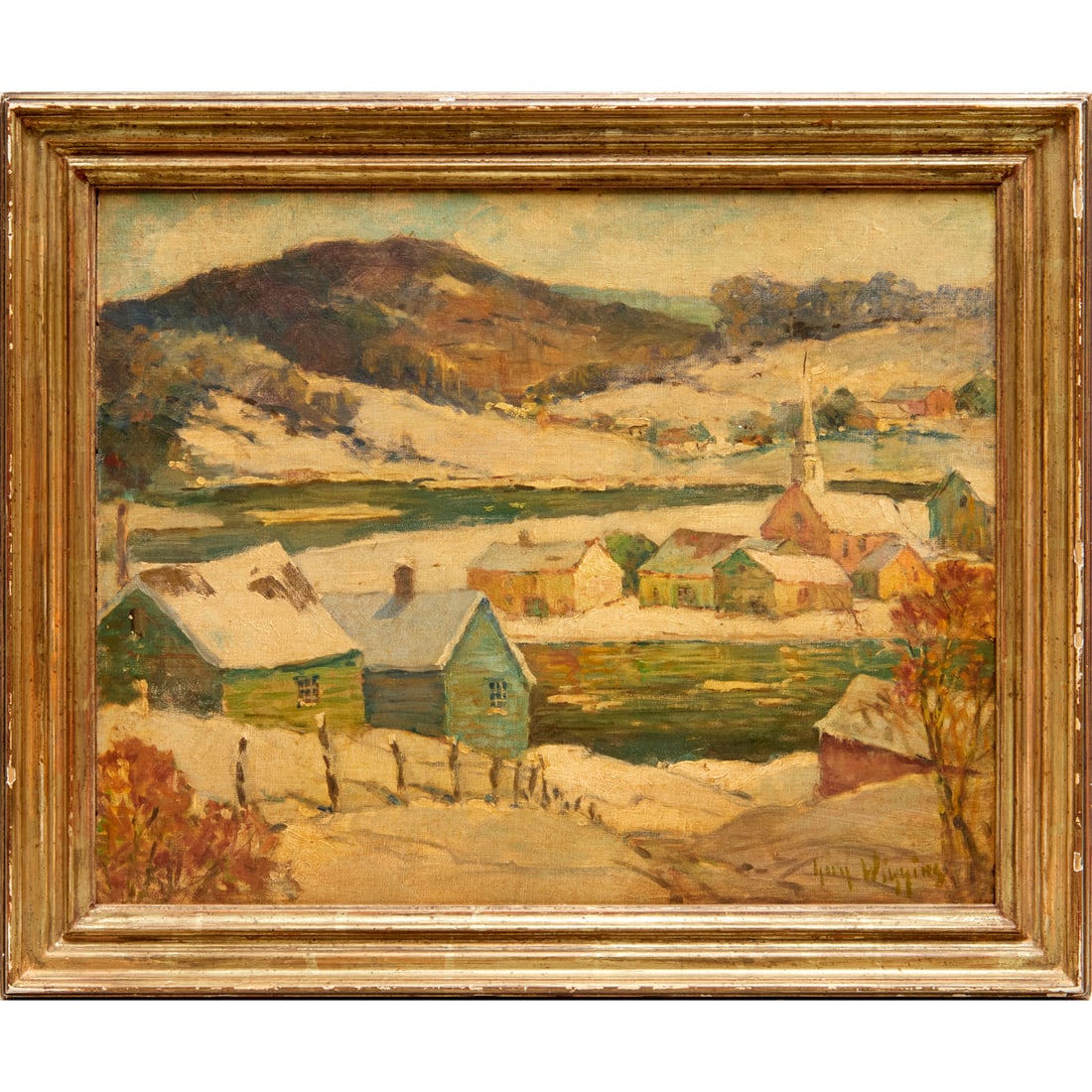 Guy C. Wiggins (attrib.), oil on canvasboard: Guy C. Wiggins (attrib.), oil on canvasboard, Attributed to Guy Carleton Wiggins (American, 1883-1962), "Winter in Dorset, Vermont", signed lower right, titled and signed verso, 15.75"h x 19.75"w (sig