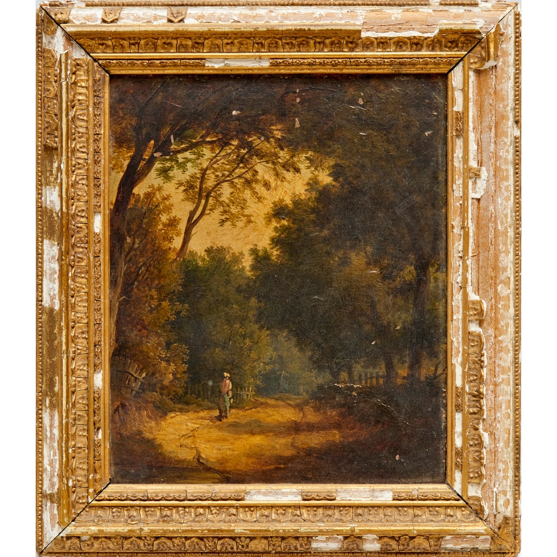John Constable (school), oil on board: John Constable (school), oil on board, School of John Constable (English, 1776-1837), Figure on a country road, no signature observed, faint illegible pencil inscription verso, 8.5"h x 7"w (board), 11