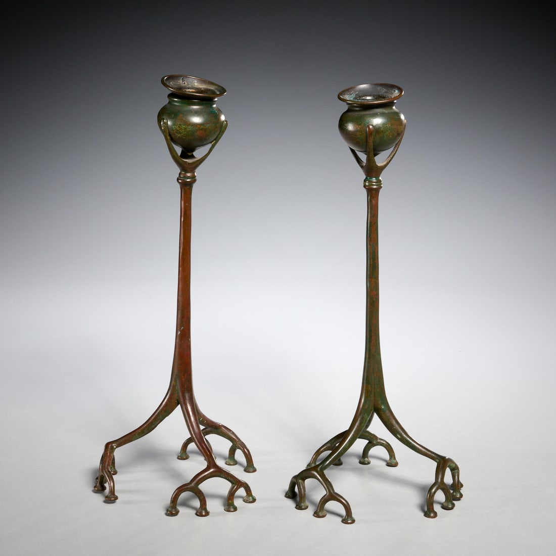 Tiffany Studios, pair bronze "Root" candlesticks (1 of 8)