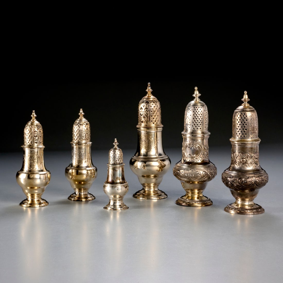 (6) George II silver casters, ex museum (1 of 9)