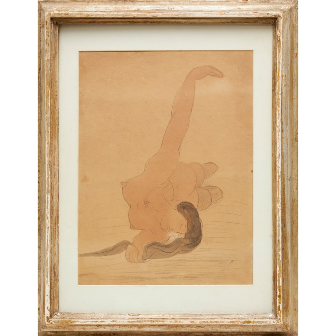 Rodin (attrib.), graphite and watercolor on paper: Rodin (attrib.), graphite and watercolor on paper, Attributed to Auguste Rodin (French, 1840-1917), female nude, possibly initialed "AR" lower right, matted and framed under glass, 15.75"h x 11.75"w (