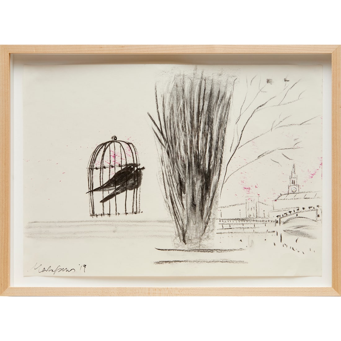 Merlin James, graphite on paper, 2019: Merlin James, graphite on paper, 2019, Merlin James (British, b. 1960), "Birds", drawing on paper, signed and dated "Merlin James, 19" at lower left, 11.75"h x 16.5"w (sheet), 13.75"h x 18.5"w (frame)