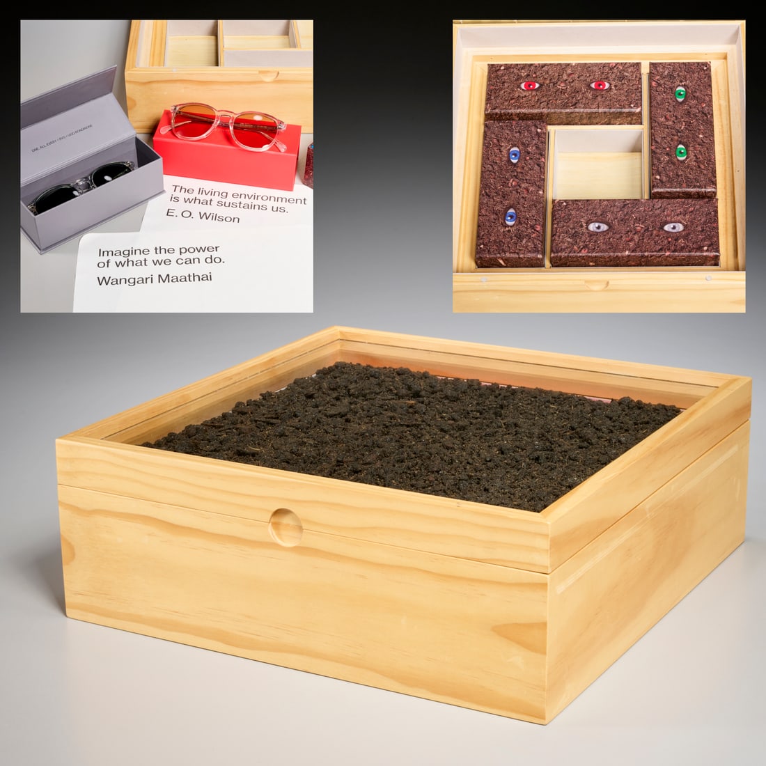 RSV/Rondinone, special edition set: RSV/Rondinone, special edition set, Ugo Rondinone (Swiss, b. 1964) and RVS Sustain collaboration special edition set, "See A Clean Future", incl. (4) sunglasses with cases and cleaning cloth, (1) Rond