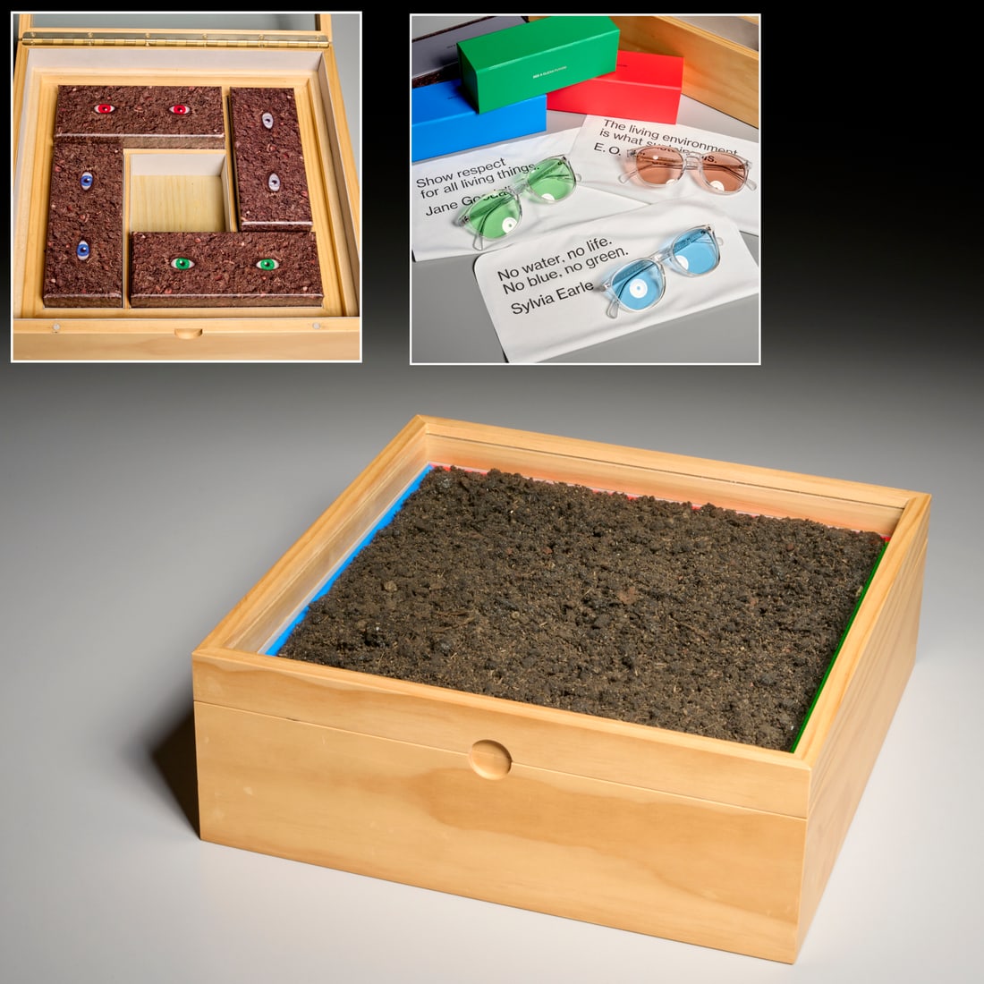 RSV/Rondinone, special edition set: RSV/Rondinone, special edition set, Ugo Rondinone (Swiss, b. 1964) and RVS Sustain collaboration special edition set, "See A Clean Future", incl. (4) sunglasses with cases and cleaning cloth, (1) Rond