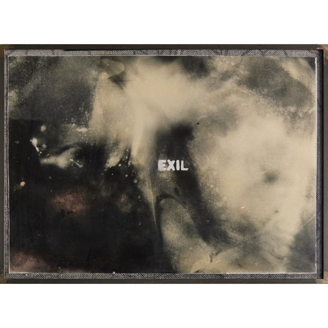 Georg Herold, large c-print, c. 1986: Georg Herold, large c-print, c. 1986, Georg Herold (German, b. 1947), "Exil", C-print mounted on foamcore, signed on verso of foamcore, in steel frame under plexiglass, 34.5"h x 47.75"w (sight), 36"h