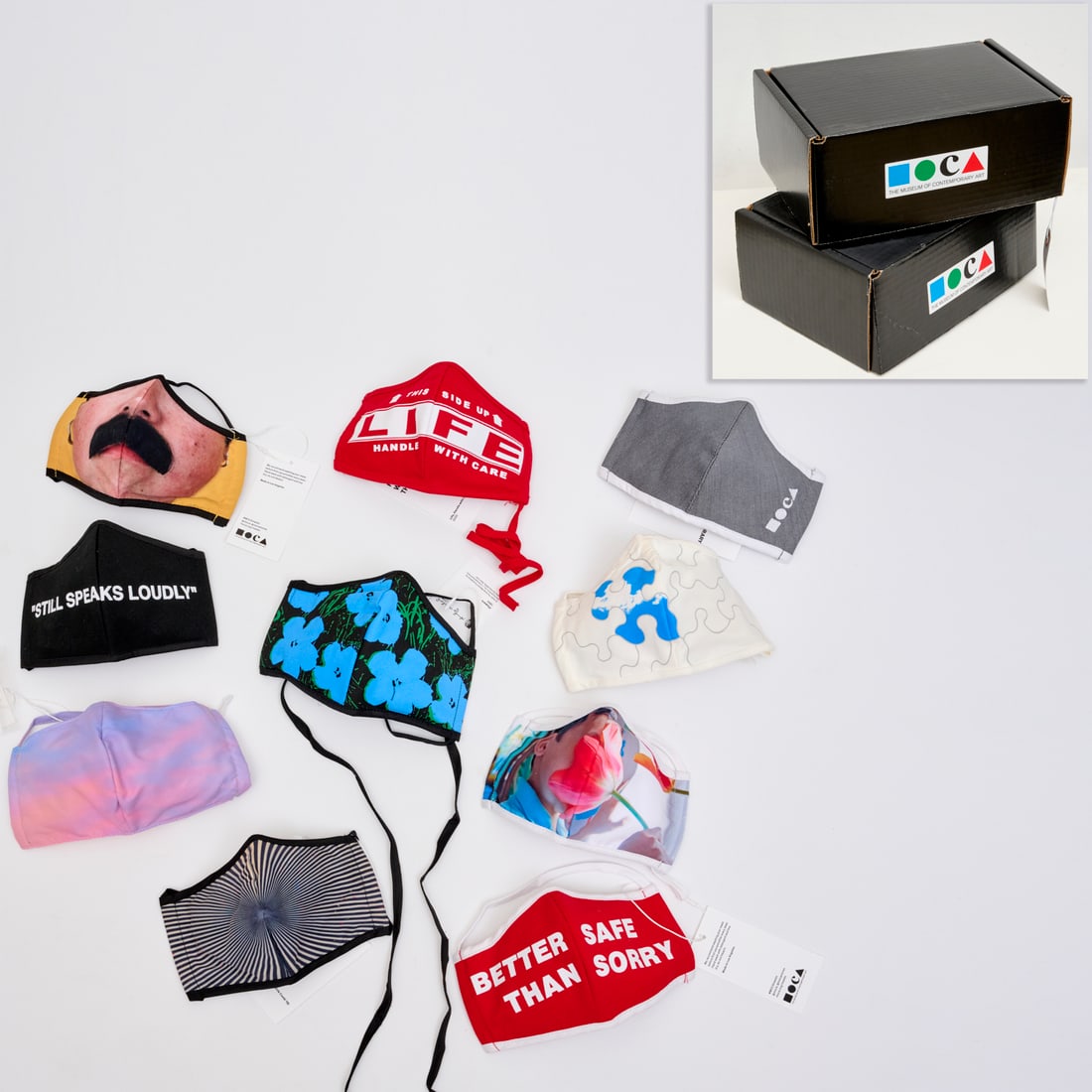 (2) Sets of MoCA artist edition face masks: (2) Sets of MoCA artist edition face masks, Museum of Contemporary Art, Los Angeles, "MOCA Masks", 2 sets of 10 artist edition face masks, incl. Virgil Abloh, Mark Grotjahn, Alex Israel, Barbara Kruge