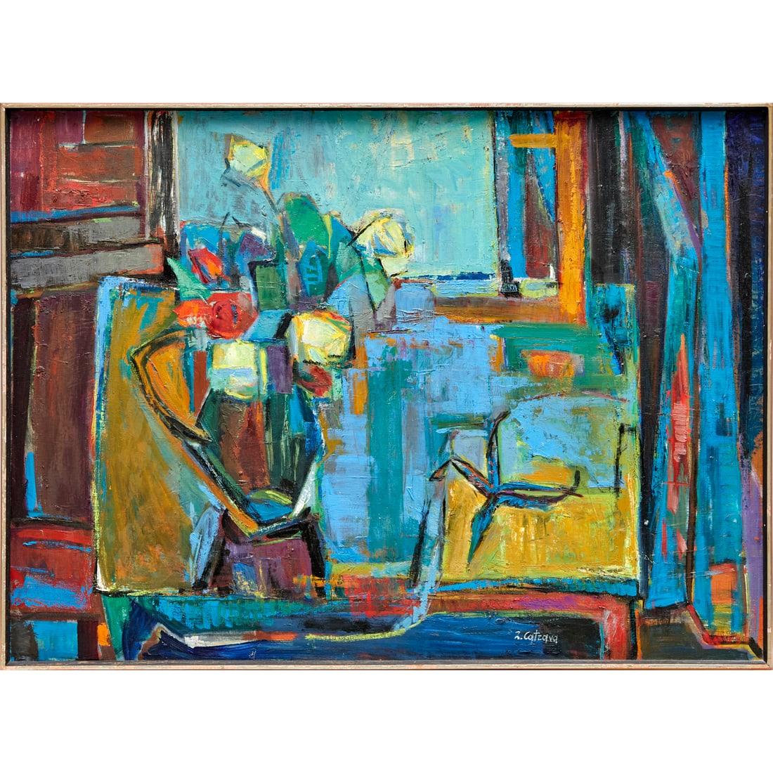 Z. Catzava, Cubist oil on canvas: Z. Catzava, Cubist oil on canvas, Z. Catzava-Valsamy (Romanian, 20th c.), Still Life, signed lower right, in slat frame, 29"h x 39.5"w (frame) Provenance: A Private Collection: 641 Fifth Avenue, NYC