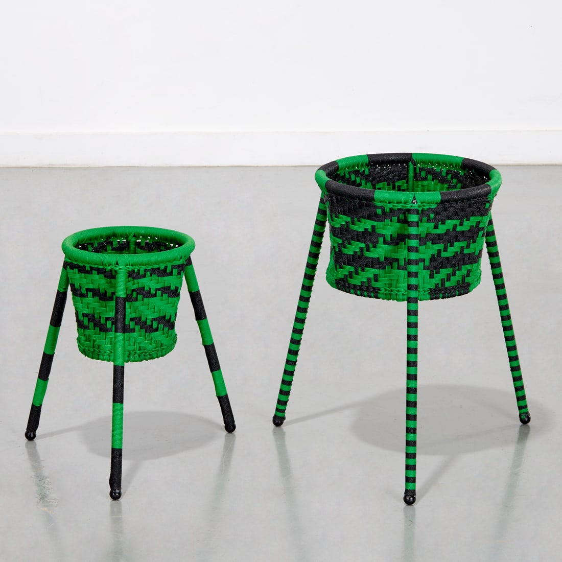 Moroso, (2) 'Jardin Suspendu' baskets: Moroso, (2) 'Jardin Suspendu' baskets, Designed 2016, by Concetta Giannangeli, for Moroso, M'afrique collection, painted steel and polyethylene handwoven thread baskets, larger: 19"h x 18"w, 12"dia (t